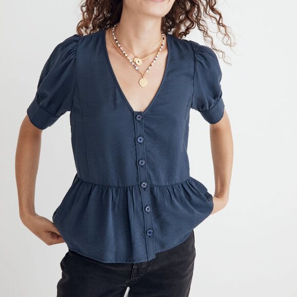 EUC Madewell Drapeweave Puff-Sleeve Peplum Top - Picture 1 of 4